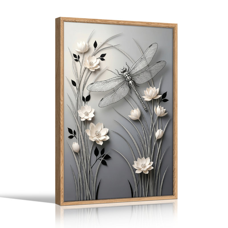 Ensemble de 1 tableau sur toile Libellule et Fleurs, 48"H x 32"W, Naturel