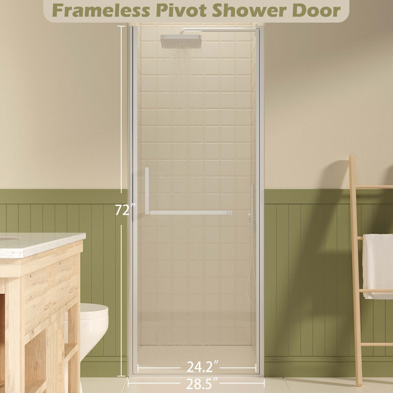 27-28" W ×72" H Frameless Pivot Shower Door, Pivot Swing Shower Glass Doors With 1/4"(6Mm) SGCC Clear Tempered Glass,Explosion-Proof Film, Reversible Installation