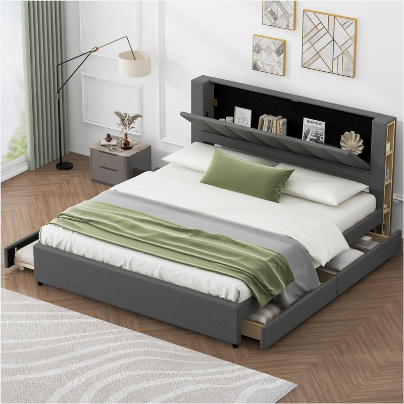 King Size Upholstery Platform Bed with Storage Headboard, 2 Drawers and Trundle,, Gray