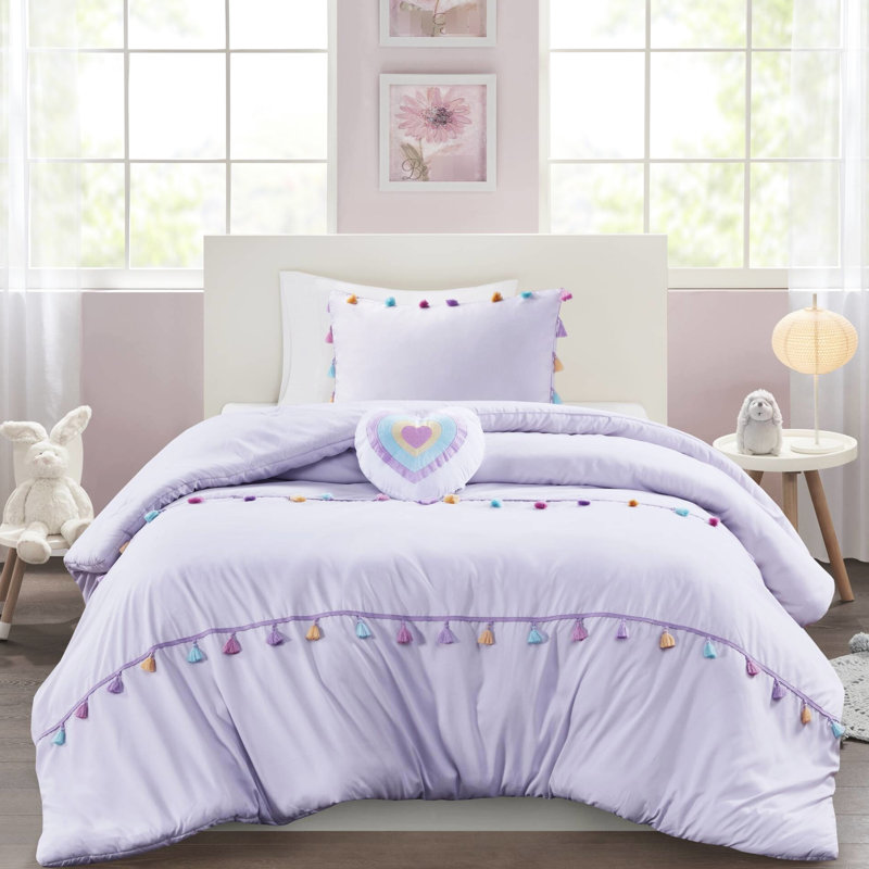 Literie simple en lavande avec 2 taies décoratives et un oreiller en forme de cœur - édredon en microfibre à pampilles, sécuritaire pour la peau