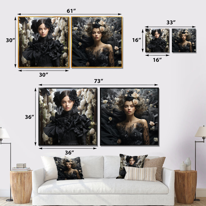 Ensemble de 2 décorations murales en coton noir et blanc Couture, Cadre flottant noir, H 16 po x l 33 po x P 1 po