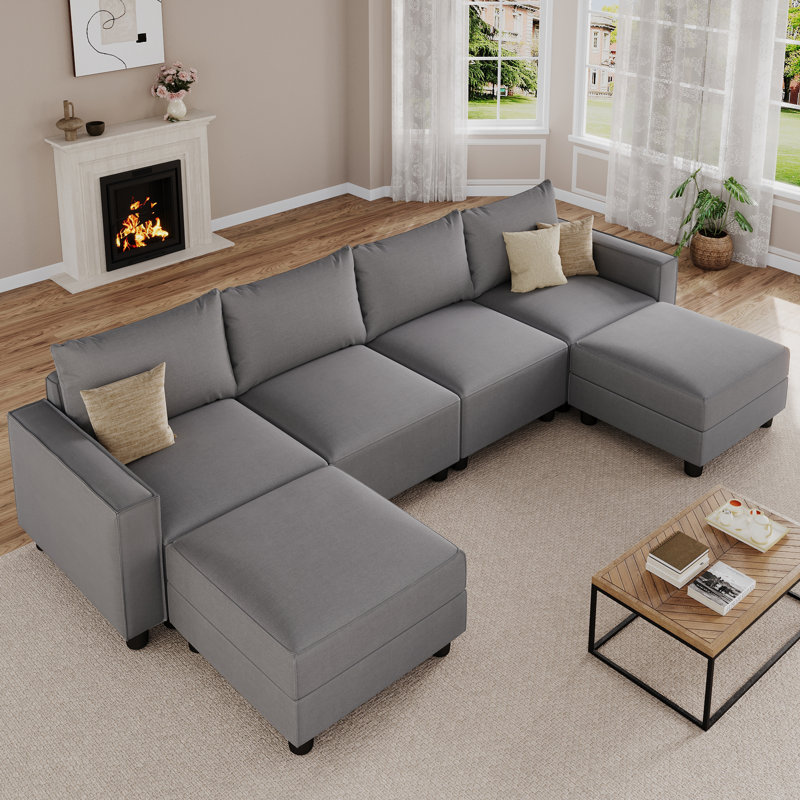 Modern Linen Modular Sectional Sofa U Shaped with Extra Deep Seats and Storage Ottomans, Gray Linen