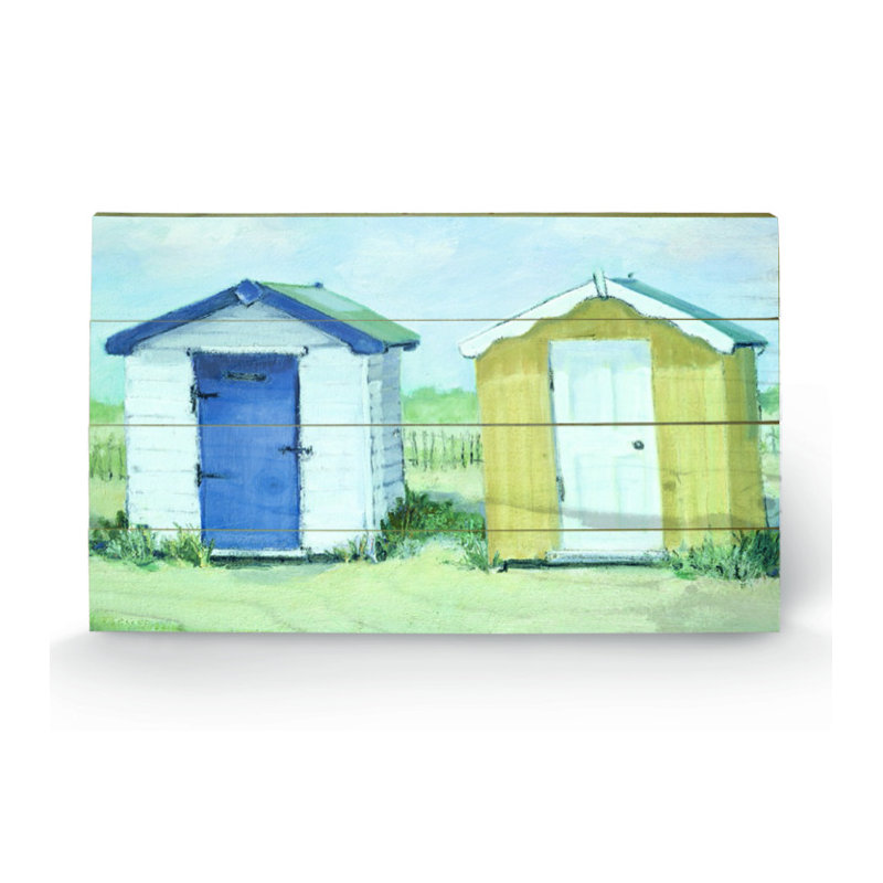 Two Beach Huts by Jane Hewlett - No Frame Rectangle Print on MDF, Wood, No Mount, 40cm H x 59cm W