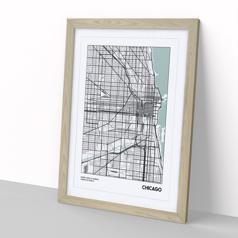 Map Chicago USA - Picture Frame Graphic Art, 48cm H x 36cm W x 2cm D, Oak Framed