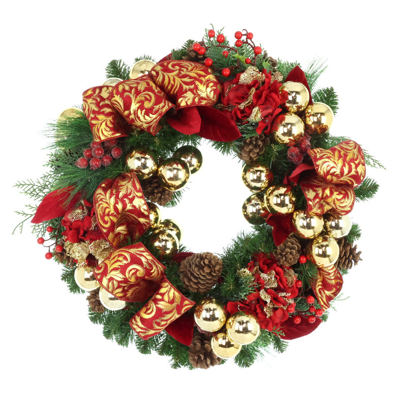Couronne de Noël de 66 cm (26 pouces) ornée de baies, de pommes de pin et de nœuds