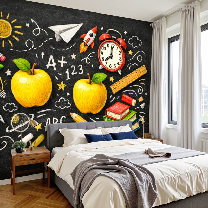 Papier peint adhésif pour enfants Kids apprenant la rentrée scolaire Tableau Pommes Livres Crayons Horloge Éléments d'apprentissage Murales murales H 100 po x l 144 po Décoration murale auto-adhésive amovible en PVC pour chambre d'enfant