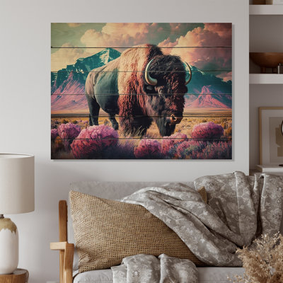 Desiree Buffalo avec paysage - décoration murale animaux en bois