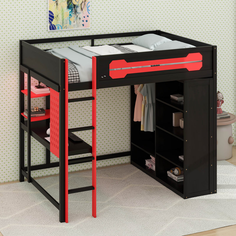 Lit mezzanine en bois avec bureau, garde-robe ouverte, compartiments de rangement et lumières RVB, pleine grandeur, Rouge