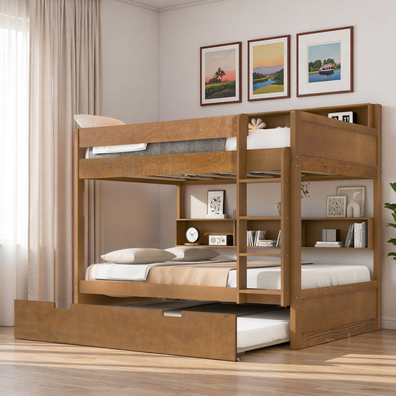 Lit superposé avec lit gigogne et rangement intégré, Simple sur simple, Bois antique