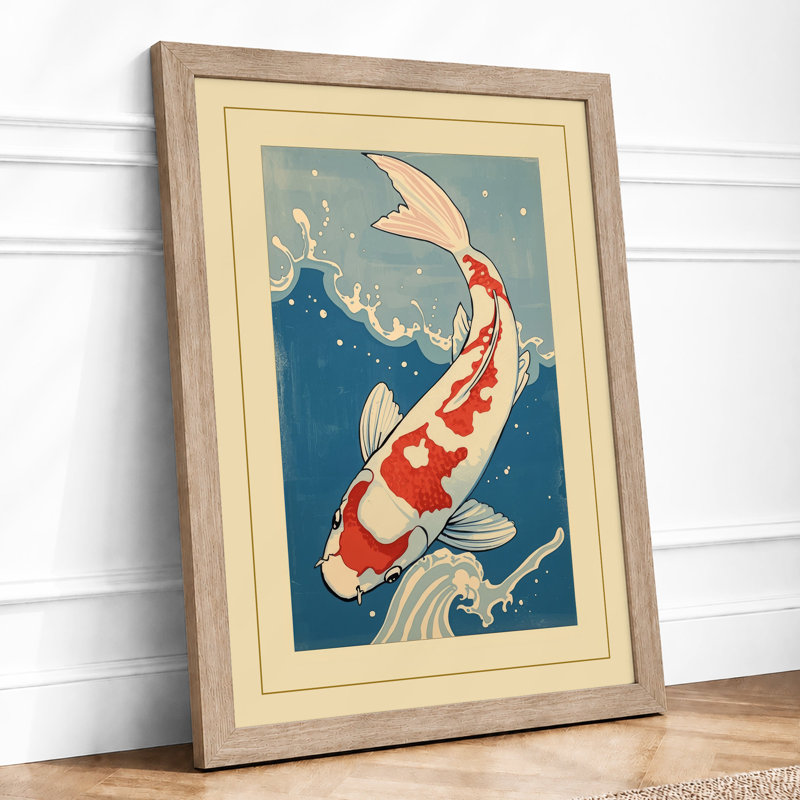 Leaping Koi Japandi - Framed Print, A2 - 59.4 x 42.0 cm, Oak