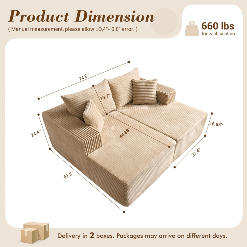 Canapé modulaire en velours côtelé 2 pièces 74,8 po Boneless, Vivi coton beige / velours côtelé