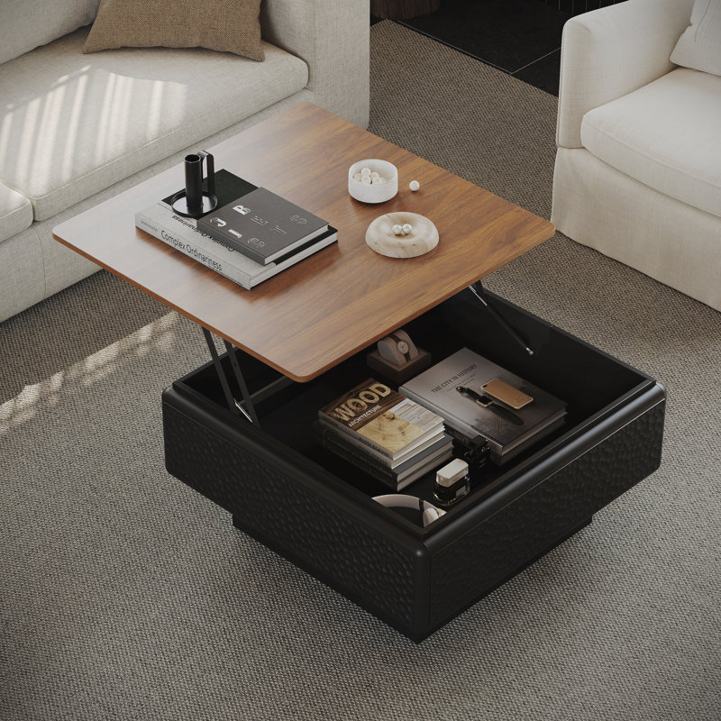 Table basse à plateau relevable de 31 pouces pour le salon, table basse moderne avec rangement caché, table centrale carrée, plateau noir et brun