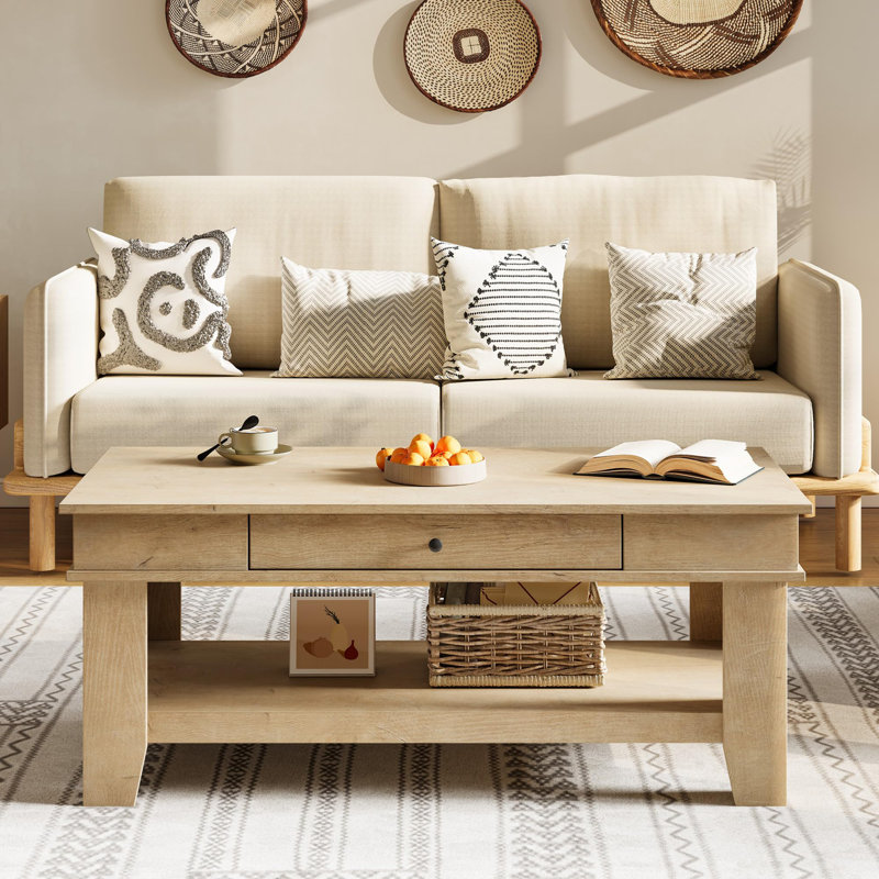 Table basse avec tiroir et tablette de rangement, table centrale rectangulaire de 47,2 po, finition grain de bois, mobilier de salon moderne