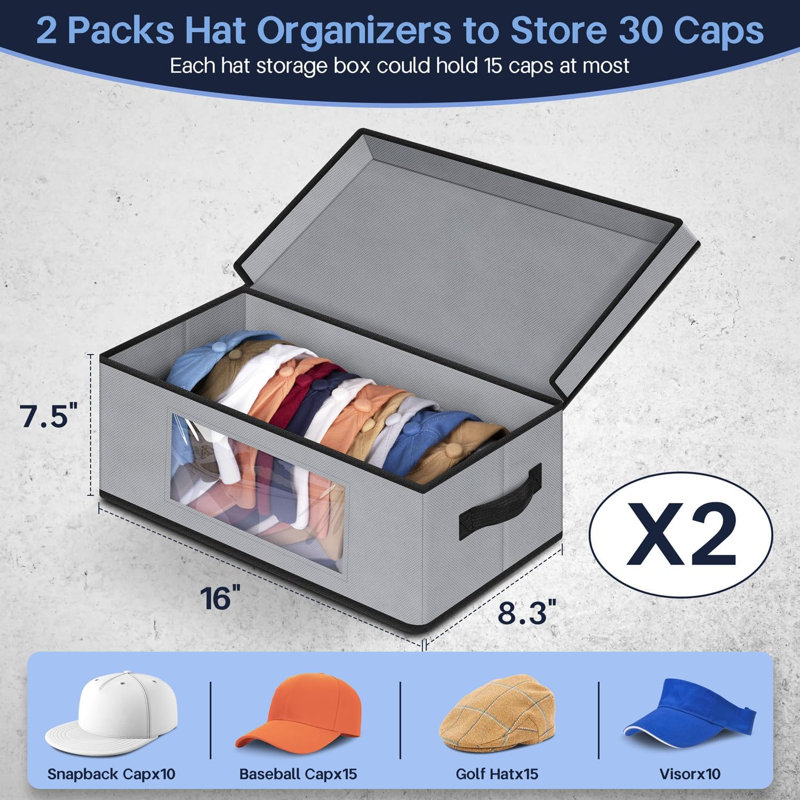 Chapeau empilable Organzier pour casquettes de baseball, 2 boîtes de rangement pour chapeau PCS pour garde-robe 30 casquettes avec carton, gris