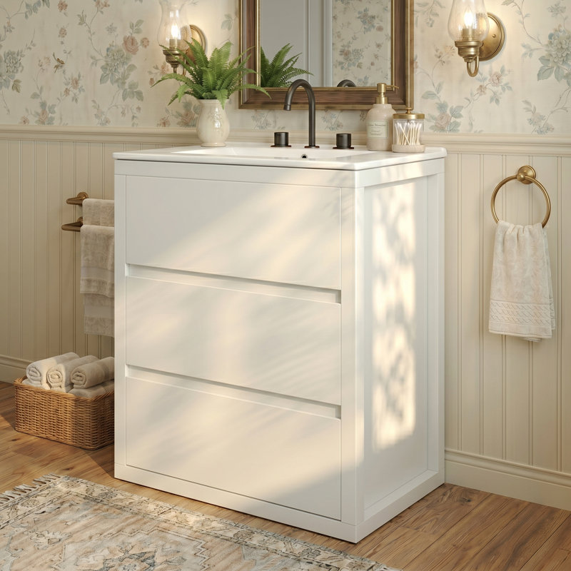 Meuble-lavabo simple autoportant 30 po avec plateau en céramique et tiroirs à fermeture en douceur, blanc brillant