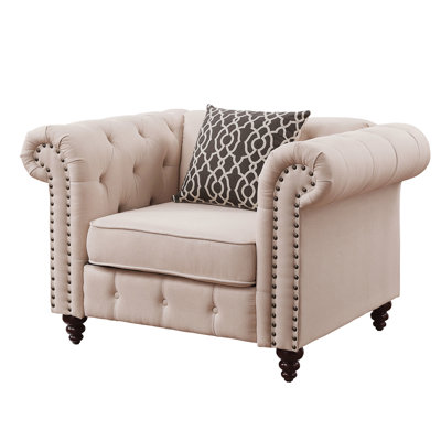 Fauteuil en lin beige avec coussin à motif contrastant - D25 siège en mousse à densité moyenne de style moderne