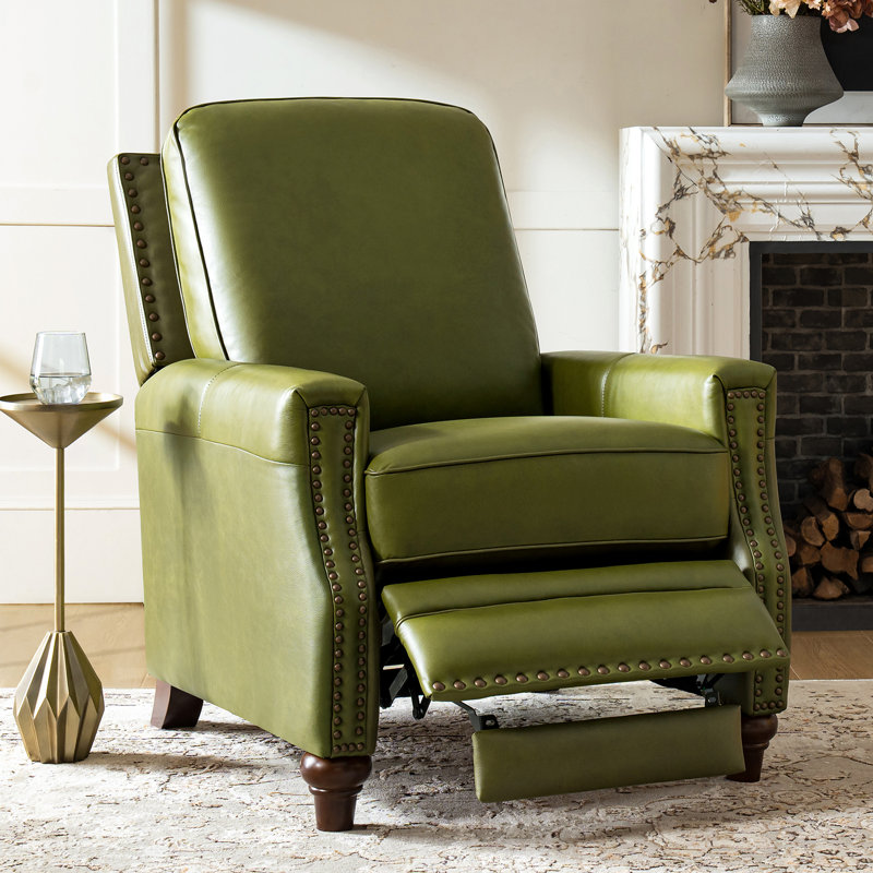 Andrena Genuine Leather Recliner With Nailhead Trim, Genuine Leather Olive