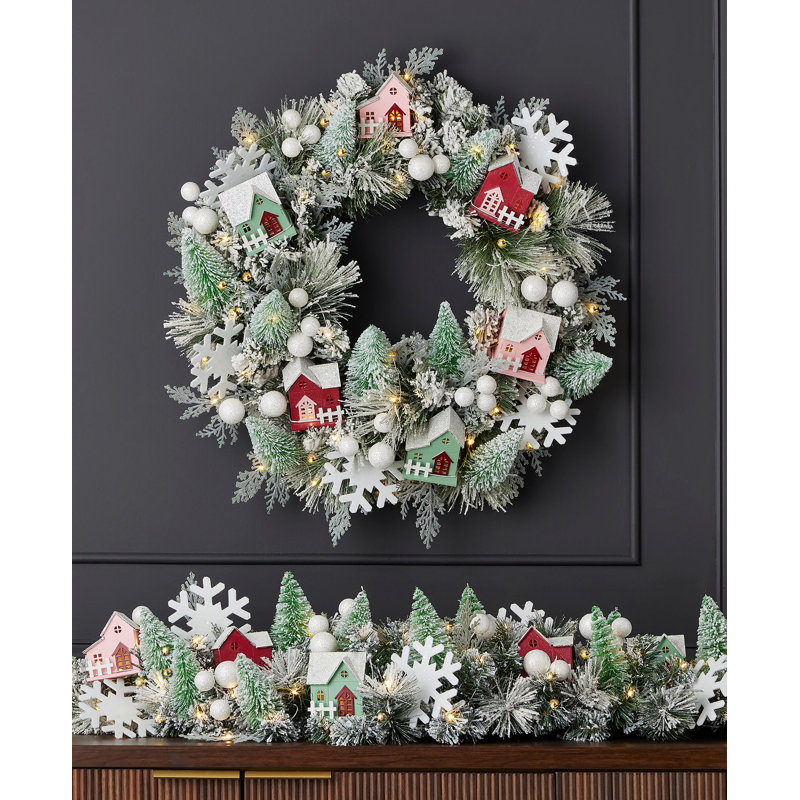 Snowy Cottage 60in Mantel Swag Pre-Lit with 70 LED Fairy Lights B/O