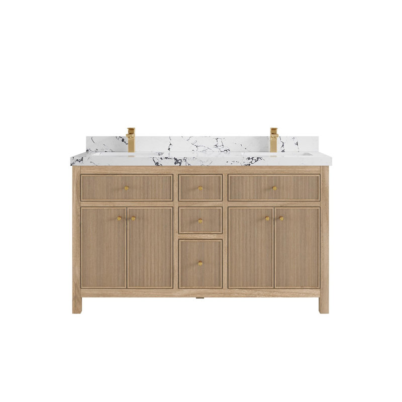 60'' Light Graywashed Teak Double Bathroom Vanity with Quartz Top