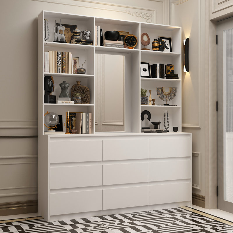 Élégante armoire décorative avec miroir intégré, grands tiroirs de rangement et tablettes ouvertes pour la présentation