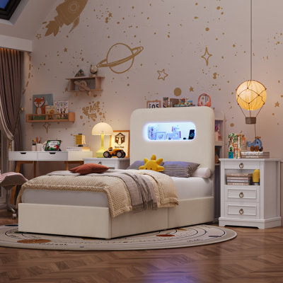 Upholstered Bed Frame, Storage Bed with LED and Charging Station