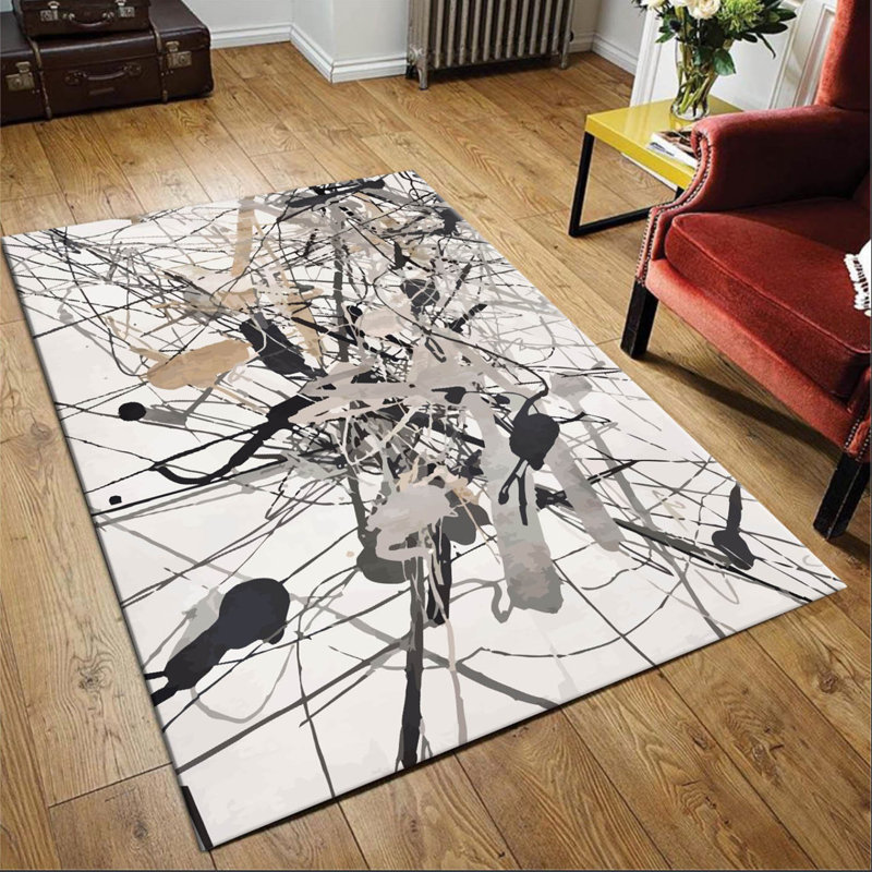Tapis abstrait en jute tissé à la machine en noir / gris / blanc, Rectangle 4 pi 11 po x 7 pi 7 po