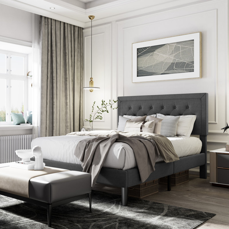 Hegg Tufted Upholstered Platform Bed with Wood Slats Headboard Included, Dark Gray, Queen