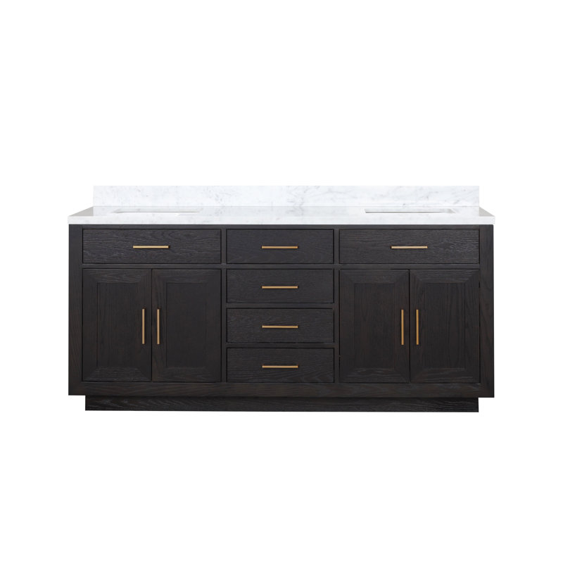 72" Double Bathroom Vanity Set, Black Oak, White Carrara Marble