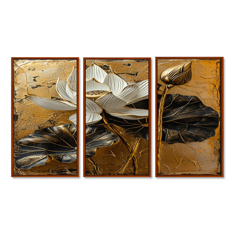 Boncelles - lot d'art mural lotus, H 28 po x l 36 po x P 1 po, Cadre flottant brun