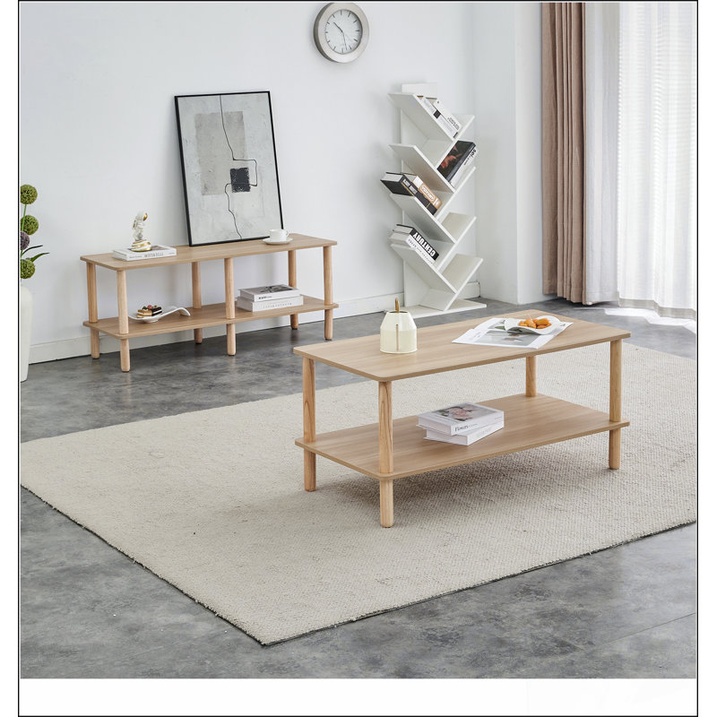 Modern 2-Tier TV Stand for Living Room Furniture,Rectangular Centre Table with Open Storage Shelf,Rounded Rubberwood legs,Stable and Durable,Easy Assembly