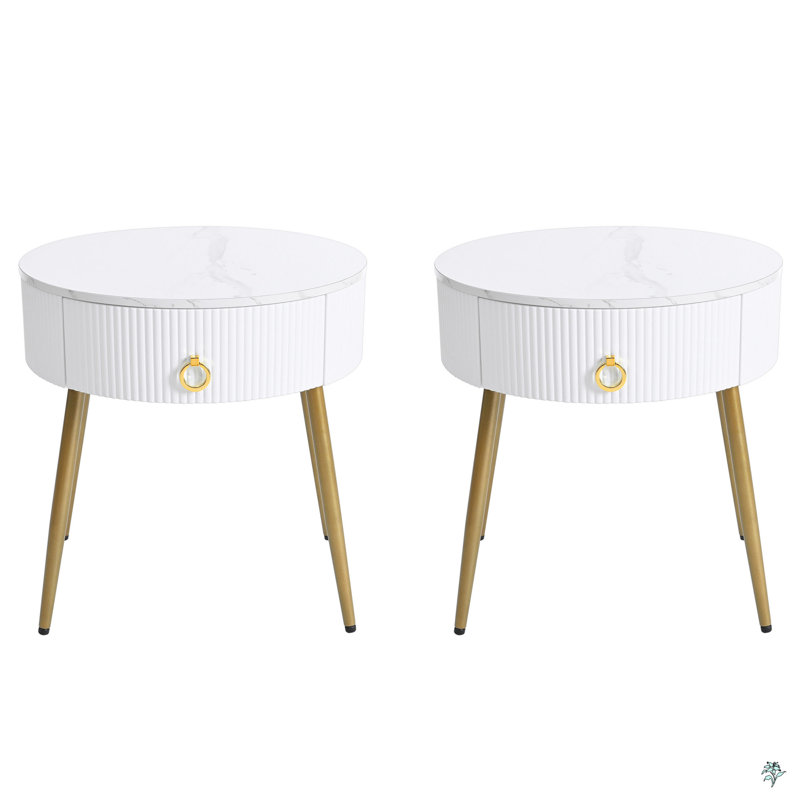 Easy Assembly End Tables With High Gloss Tabletops, Set Of 2, Modern Fluted 2 Side Tables With Drawers, Round Coffee Tables With Golden Legs