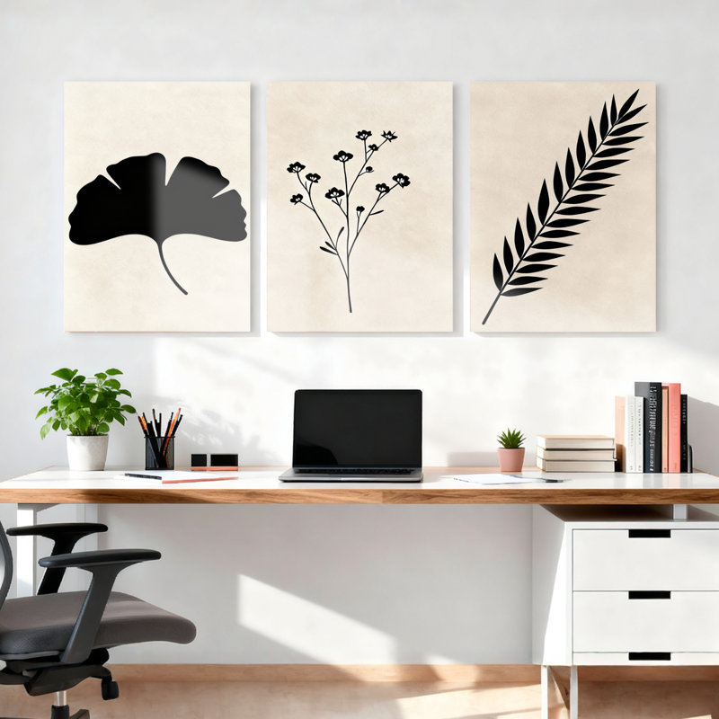 «Botanical Leaf Silhouette», art mural tendu sur toile, noir minimaliste et crème (ensemble de 3), H 18 po x l 36 po