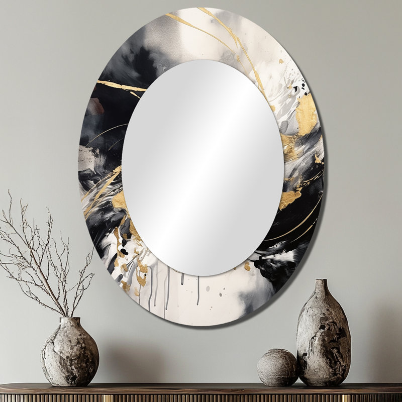 Exploring The Depths Of Gold Marble II - Abstract Oval Decorative Mirror On Metal, 40" x 30"