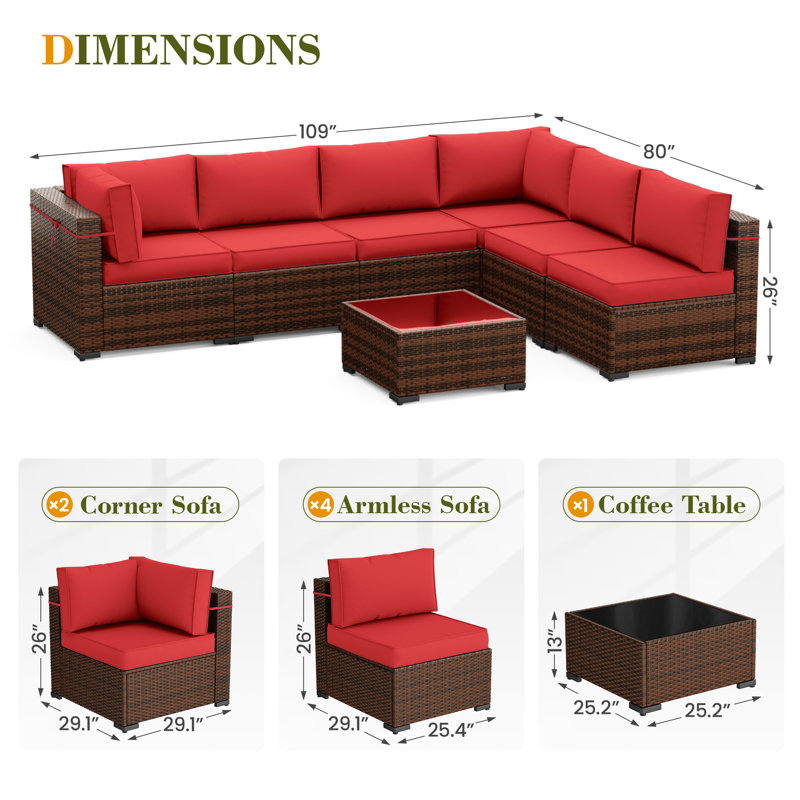 Keyala 7 Piece Rattan Sectional Seating Group with Cushions, Light Red