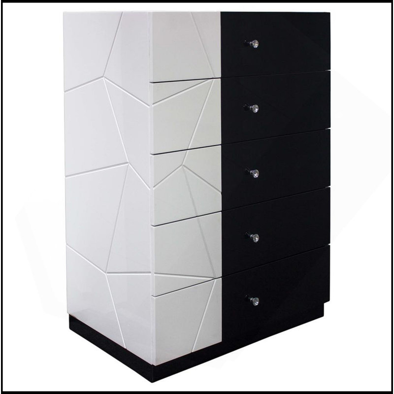 Unité de rangement moderne à 5 tiroirs avec commode en bois laqué moderne, organisateur de vêtements, motif géométrique et poignée en cristal, noir / blanc