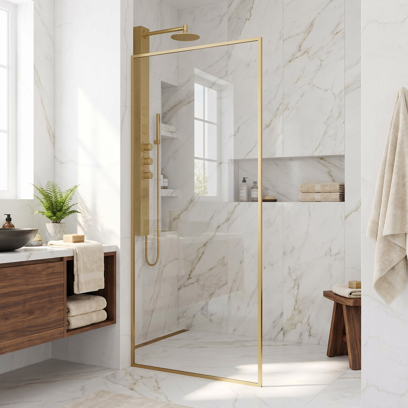 Meridian Framed Fixed Shower Screen, Matte Brushed Gold Clear