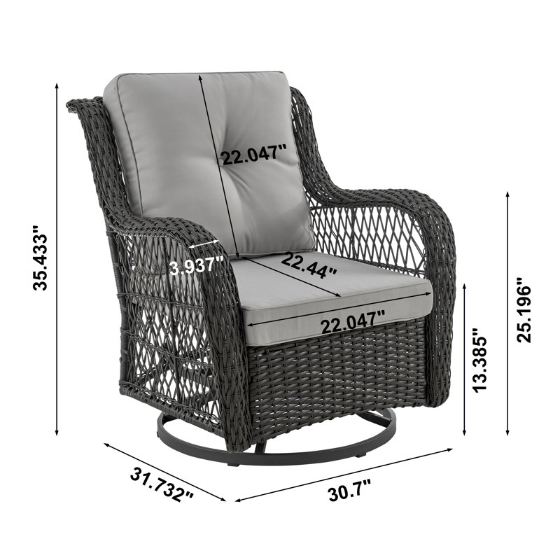 Fruttuo Traditional 2-Person Swivel Patio Conversation Set with Polyester Cushions and Table in Gray, Gray