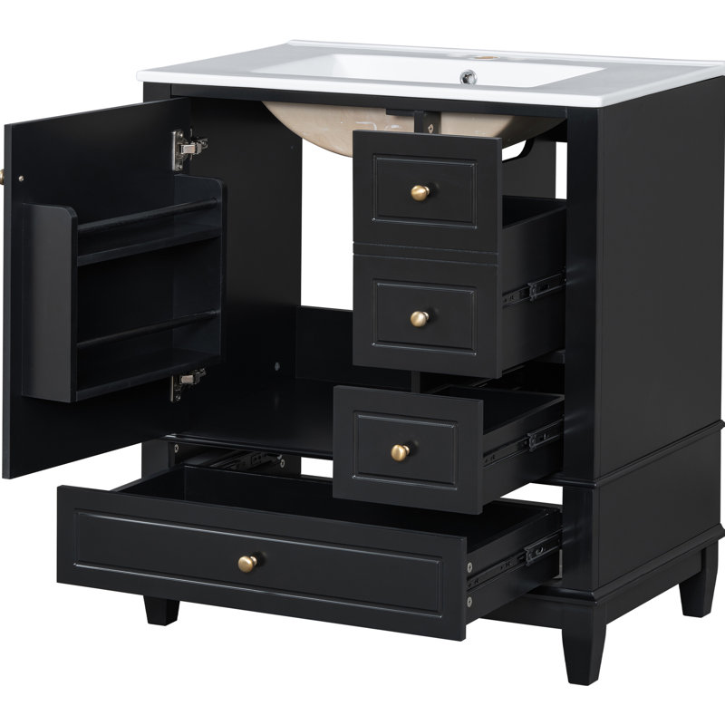Meuble-lavabo 30 po avec lavabo, une porte avec tablette et trois tiroirs, porte à fermeture douce, noir