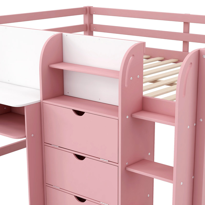 Lit mezzanine bas avec bureau intégré, armoires de rangement et bibliothèque ouverte pour graffiti, Pink