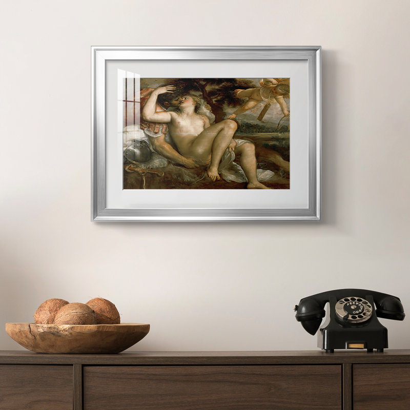 Mars, Vénus et Cupidon-Titien, reproduction encadrée avec passe-partout et verre-c. 1530, 18,5 x 24,5, Impression encadrée