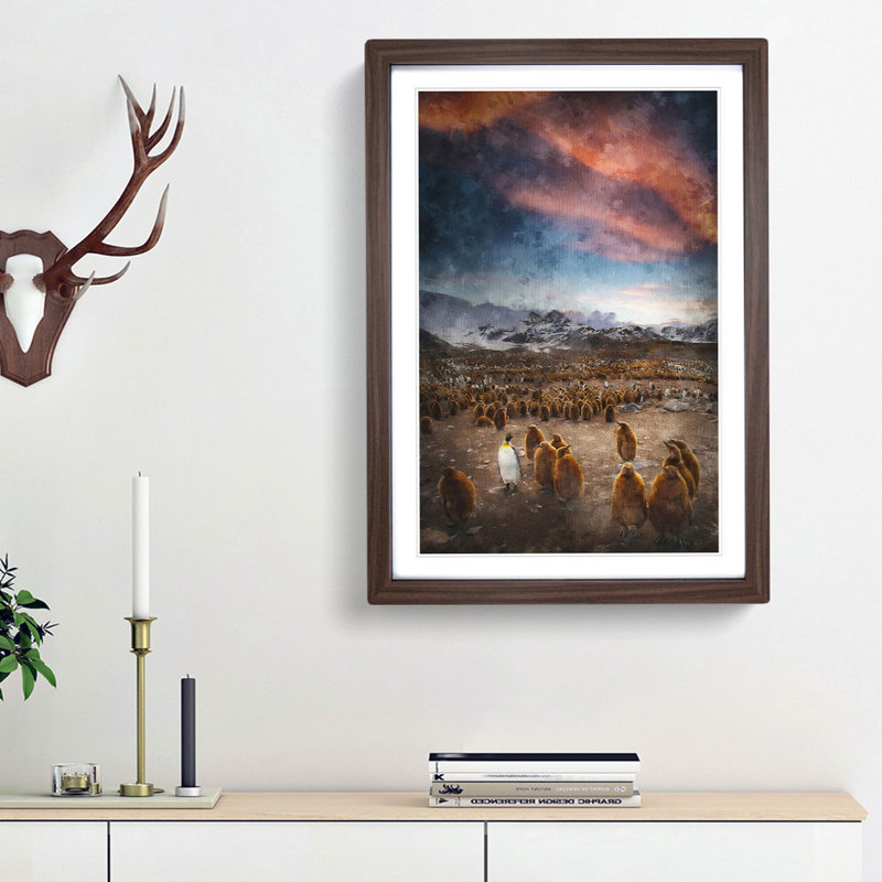 King Penguins & Mountains - Framed Print, 87cm H x 62cm W x 2cm D, Walnut Framed