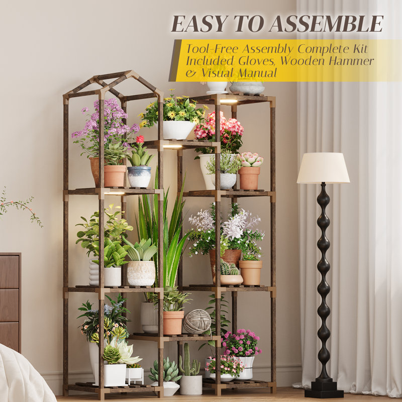 Support à plante à 4 niveaux en bois avec toit pour balcon, coin ou salon