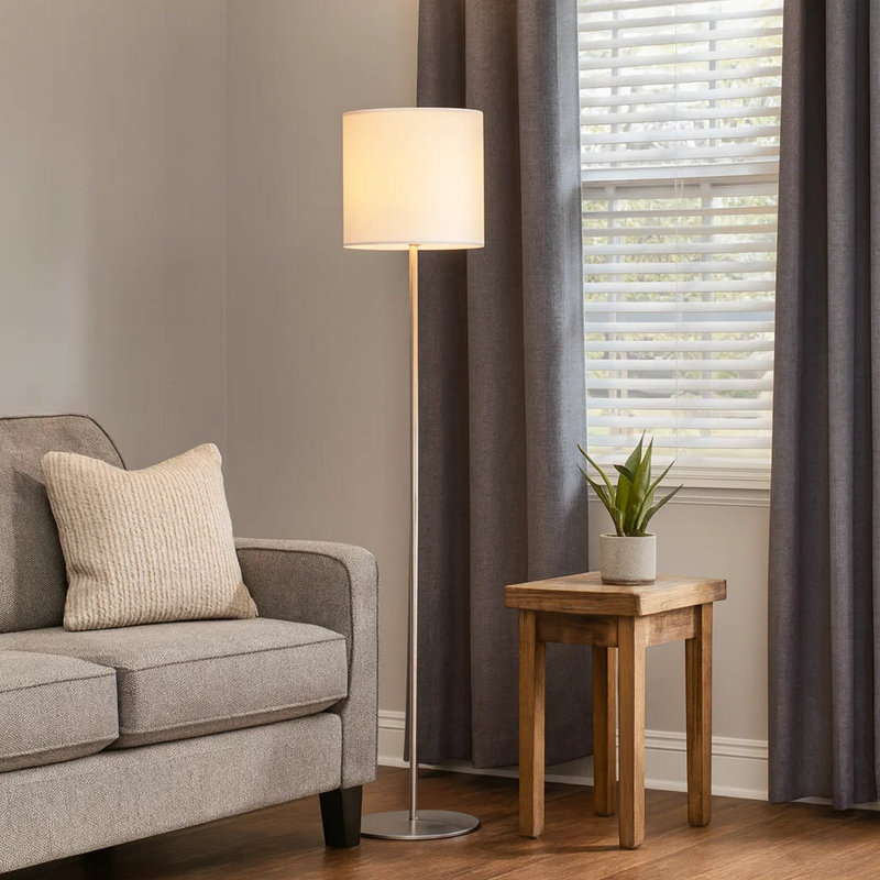 Plue 63 Inch Floor Lamp, Pole w Round Base, Cork Drum Shade, Silver, White