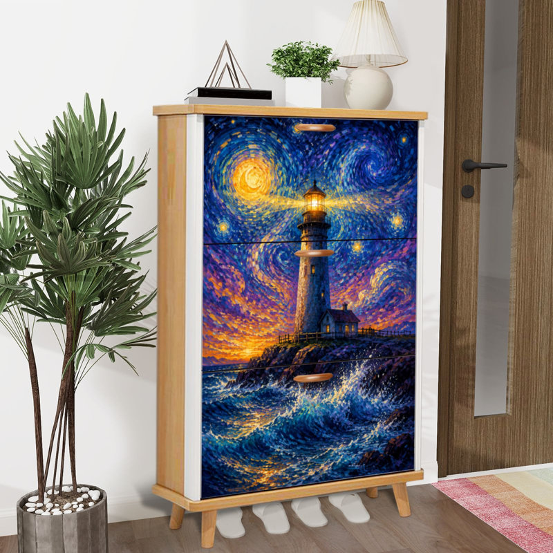 Rangement pour chaussures avec 3 tiroirs rabattables pour le phare sous un ciel étoilé tourbillonnant