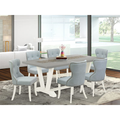 7-Piece Dining Table Set Contains a Cement Kitchen Table and 6 Baby Blue Linen Fabric Upholstered Chairs with Button Tufted Back - Wire Brushed Linen White