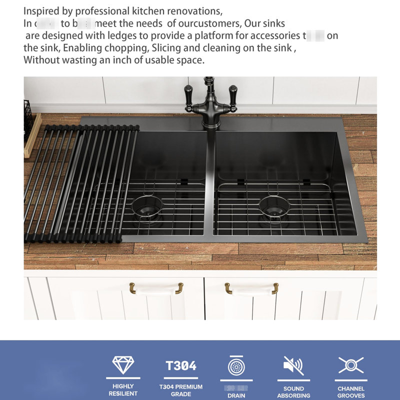 Double Bowl Sink 33X22 - Gunmetal Black, 18 Gauge Stainless Steel, High-Performance 33"X22" Black Kitchen Bowl, Corrosion
