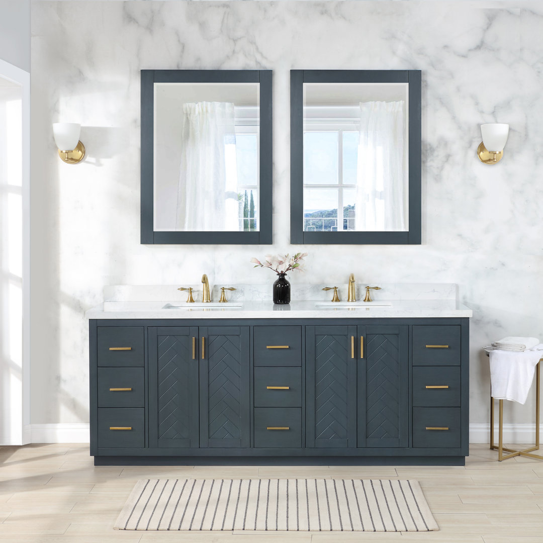Gazsi 84" Free Standing Double Bathroom Vanity with Engineered Stone Top with Mirror Rosdorf Park Base