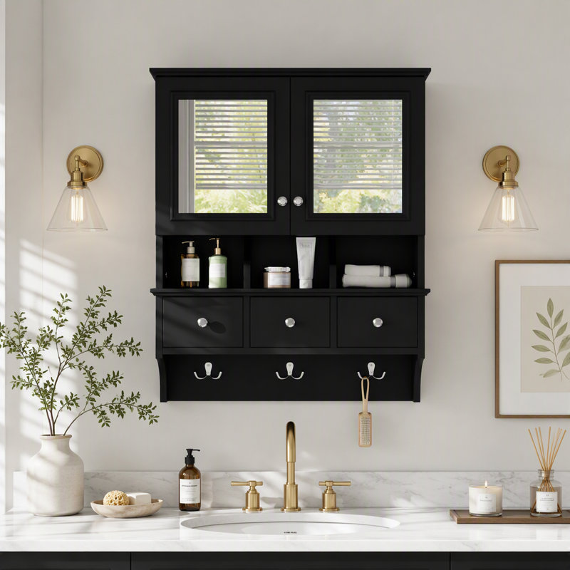 Armoire à pharmacie multifonctionnelle pour salle de bain avec miroirs, tiroirs et crochets de rangement, Black