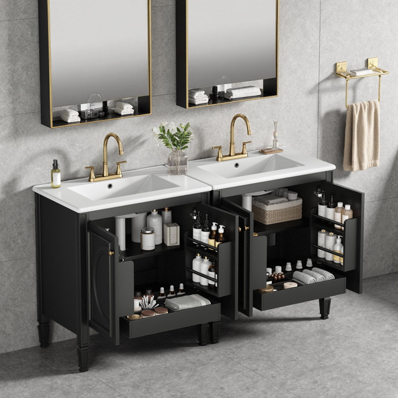 Ensemble de meuble-lavabo 60 po noir avec lavabo double en céramique, portes à fermeture douce et rangement pour tiroir 60 po