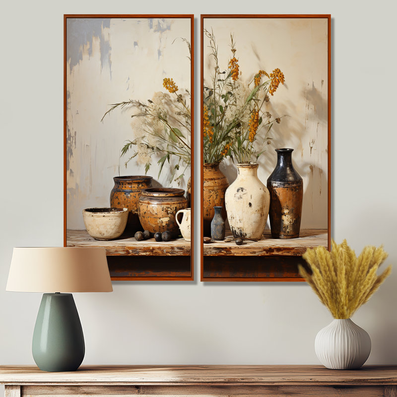 Art floral brun traditionnel sur poterie rétro - art mural traditionnel, H 32 po x l 32 po, Brun, Framed Print without Mat